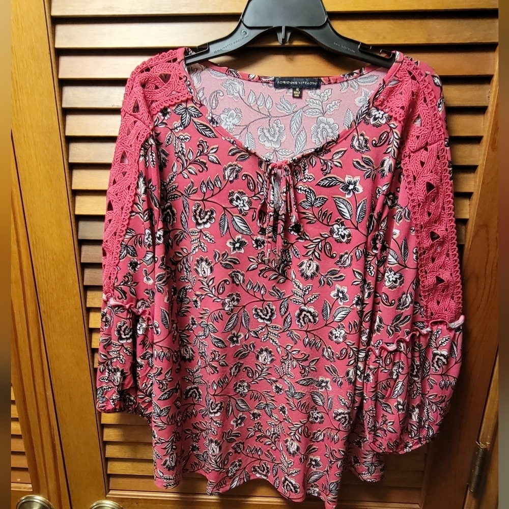 Adrienne Vittadini Pink 3/4 Sleeve Tie Front Blouse 3X Preloved